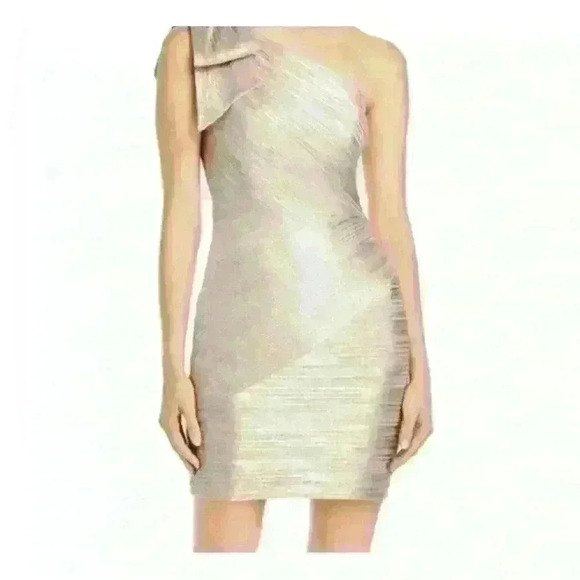 NWT- Aqua Formal Beige Zippered Shoulder Bow Sleeveless Asymmetrical Dress - Picture 4 of 7